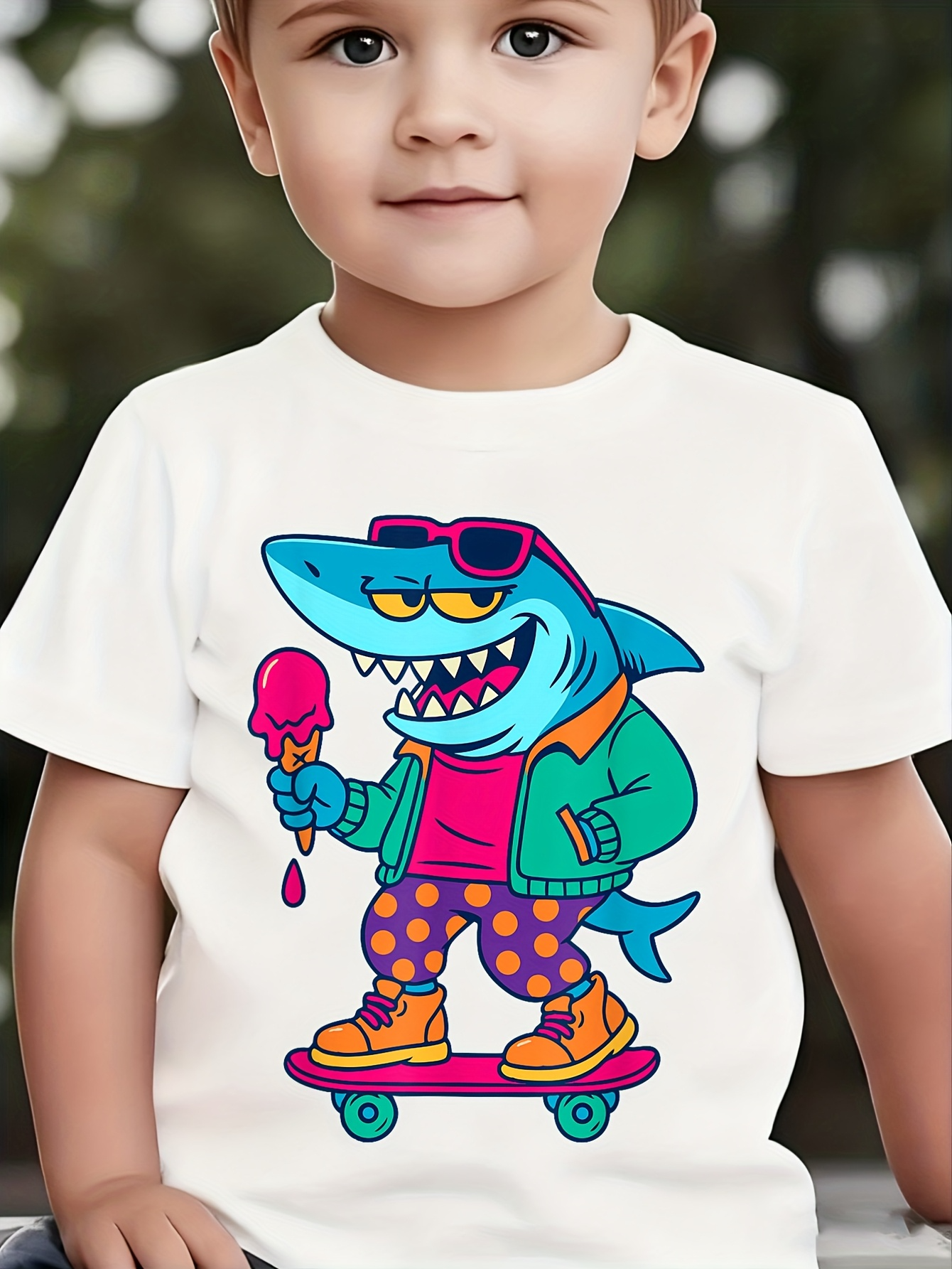 Men's Graphic T-Shirt Cool Cartoon Shark Wearing Sunglasses Holding Ice Cream On Skateboard