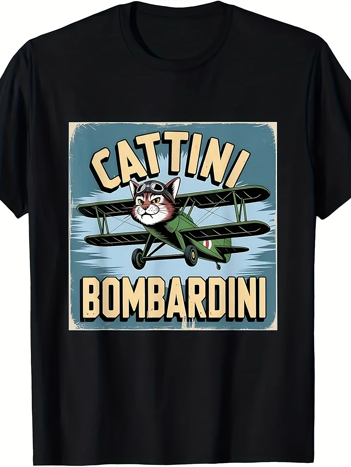 Men's Graphic T-Shirt Cattini Bombardini Vintage Cartoon Airplane With Flying Cat Pilot