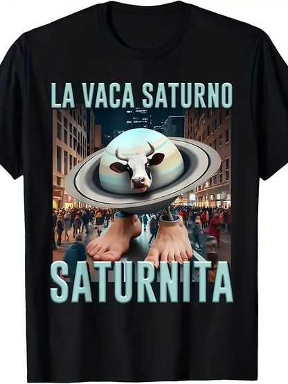 Men's Graphic T-Shirt Surreal Urban Scene With Giant Cow Head Ringed By Saturn Planet