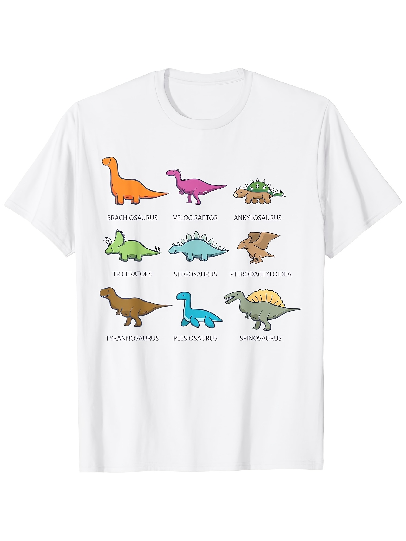 Men's Graphic T-Shirt Colorful Cartoon Dinosaurs With Labeled Species Names On White Shirt