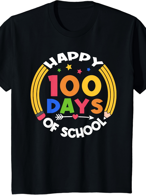 Men's Graphic T-Shirt Happy 100 Days With Colorful Stars And Pencils School