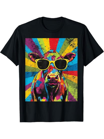 Men's Graphic T-Shirt Colorful Retro Sunburst Background With Funky Sunglasses Wearing Cow