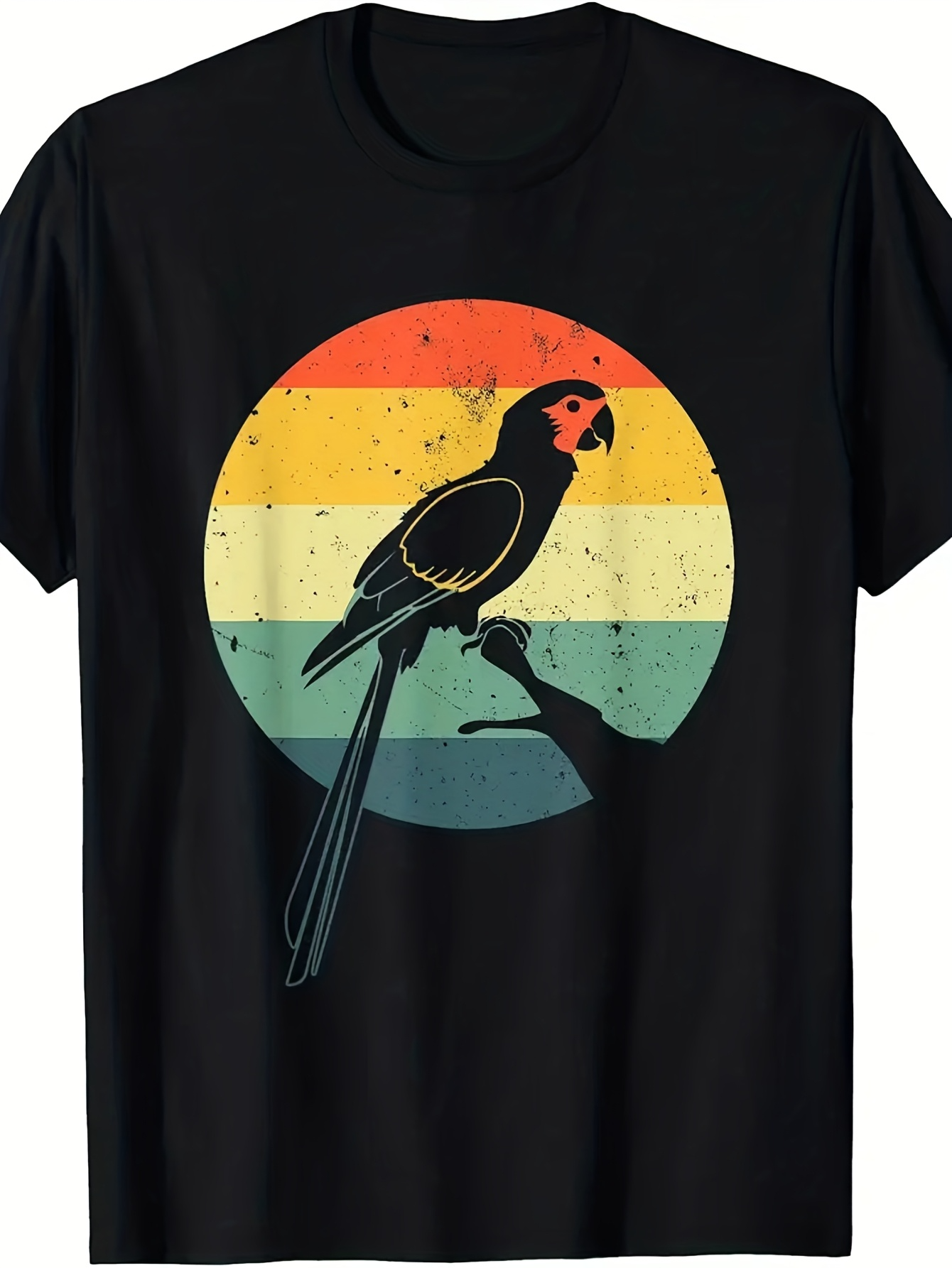 Men's Graphic T-Shirt Retro Striped Sunset With Parrot Resting On Silhouette Branch