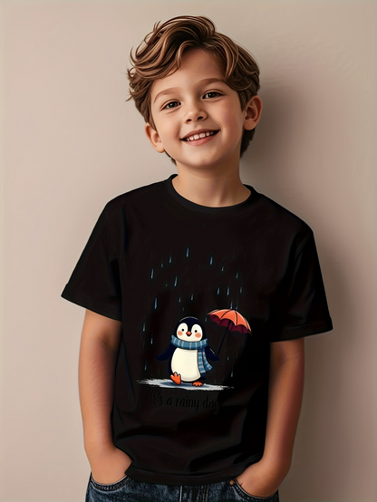 Men's Graphic T-Shirt Rainy Day Penguin Holding Red Umbrella Standing In Puddle