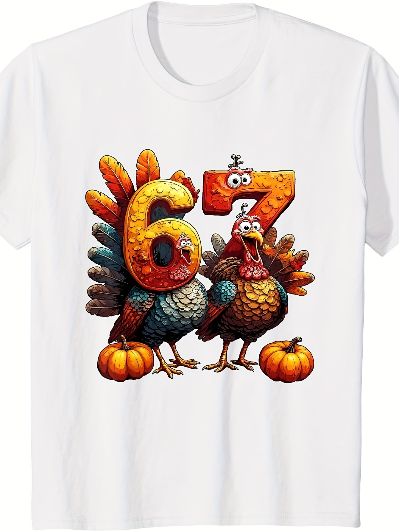 Men's Graphic T-Shirt Cartoon Pumpkins With Colorful Feathered Birds And Playful Numbers Turkey