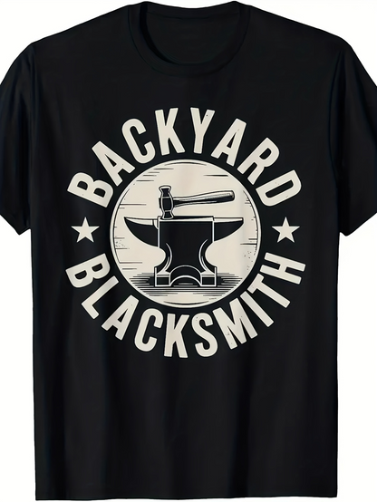 Men's Graphic T-Shirt Backyard Blacksmith Round Emblem With Vintage Anvil And Hammer