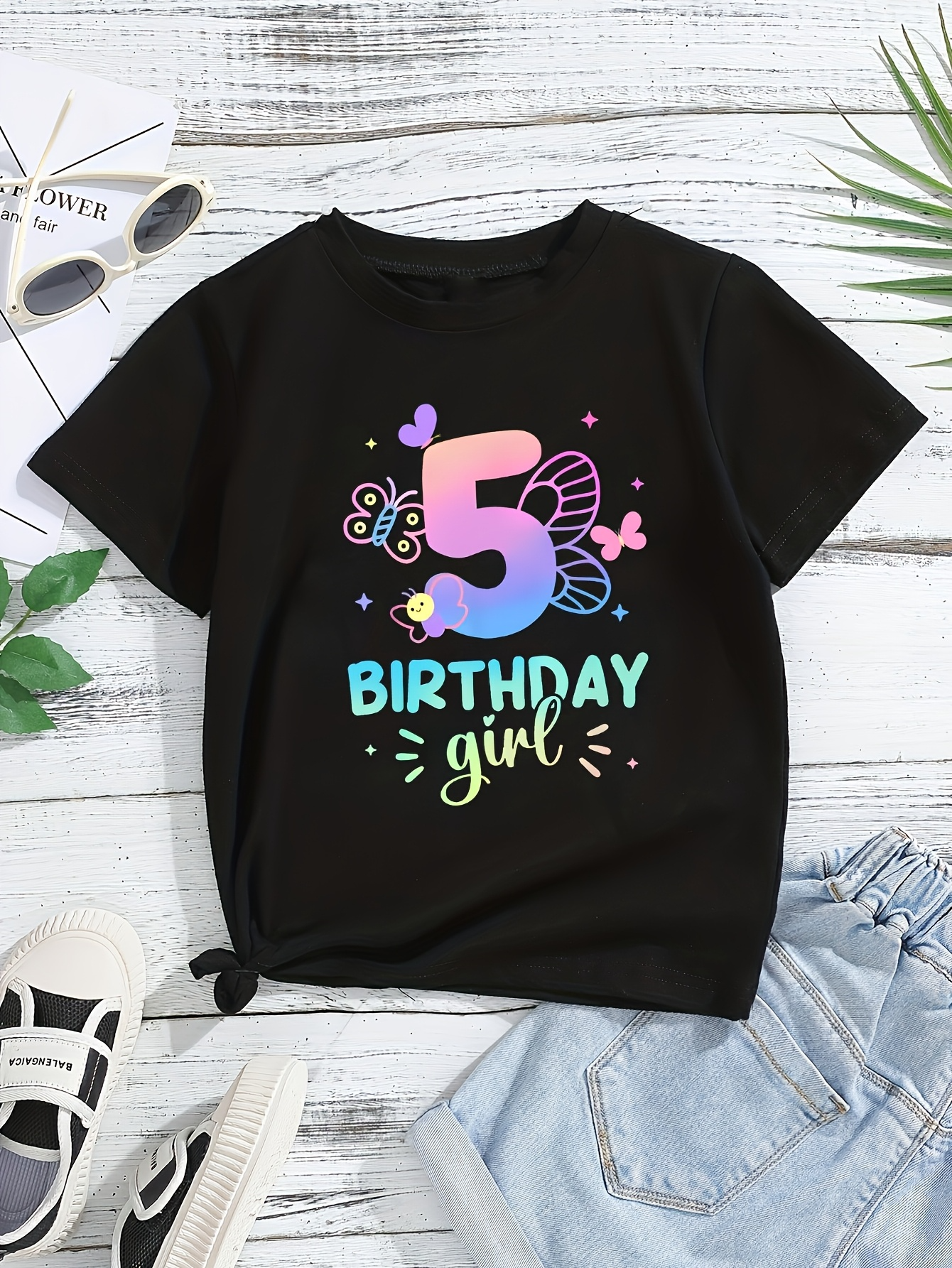 Men's Graphic T-Shirt Birthday Girl With Colorful Butterflies Around Number Five