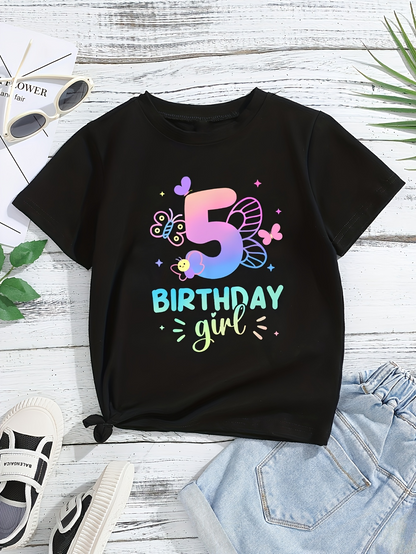 Men's Graphic T-Shirt Birthday Girl With Colorful Butterflies Around Number Five