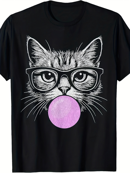 Men's Graphic T-Shirt Playful Hand Drawn Cat Wearing Glasses With Pink Bubblegum