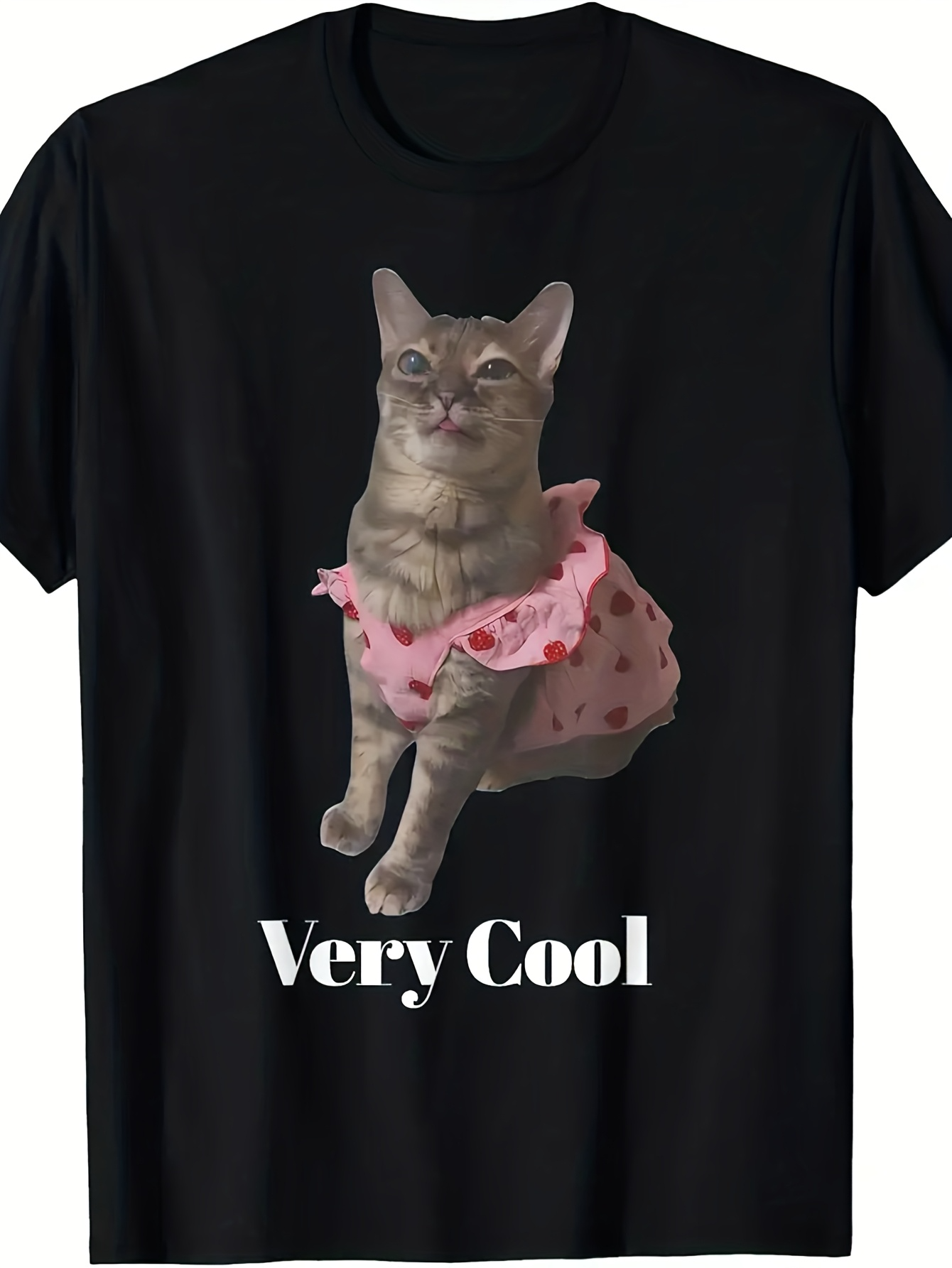 Men's Graphic T-Shirt Very Cool Dressed Cat Wearing Pink Polka Dot Skirt On Black Cotton Tee