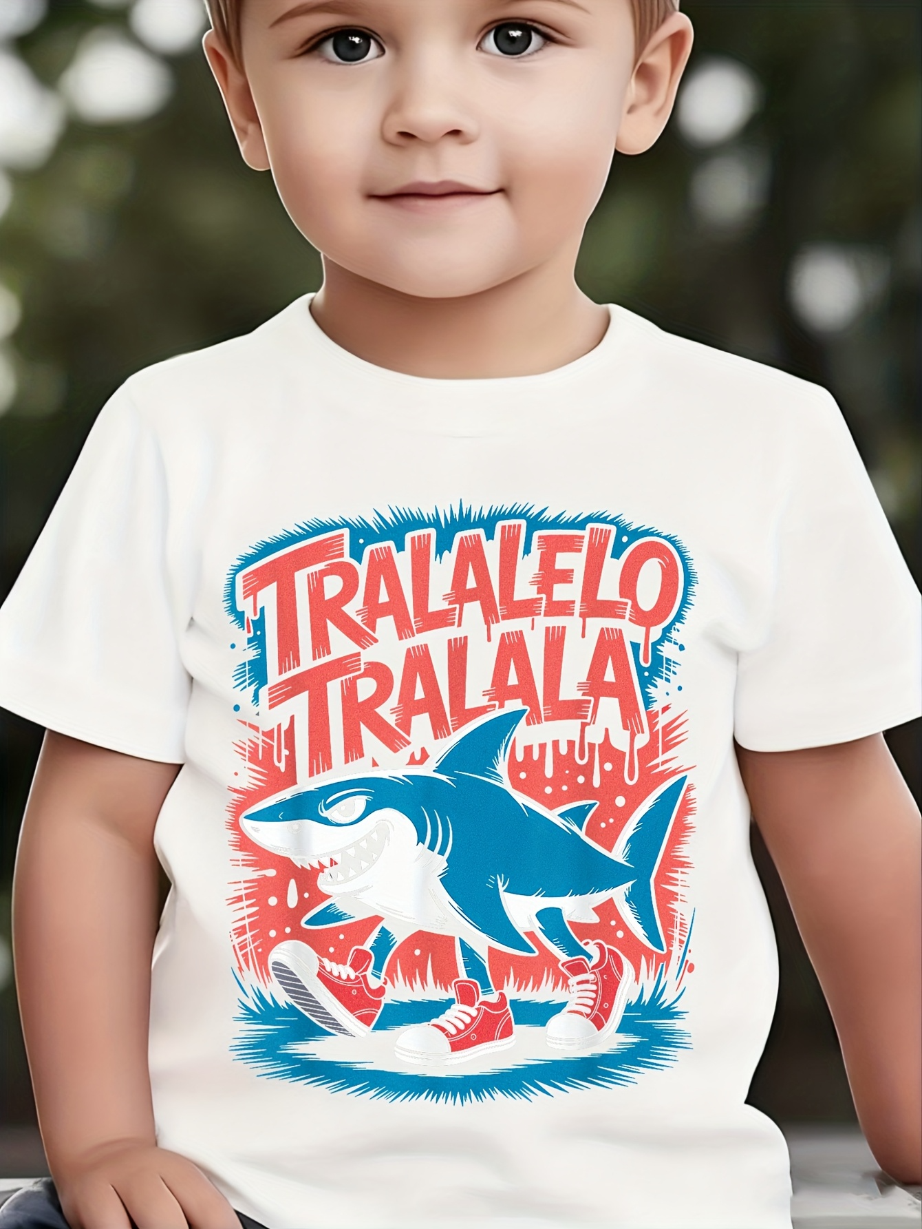 Men's Graphic T-Shirt Tralalelo Tralala Energetic Blue Shark With Splashing Red Waves