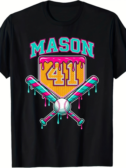 Men's Graphic T-Shirt Mason 41 Colorful Melting Badge With Crossed Bats Baseball