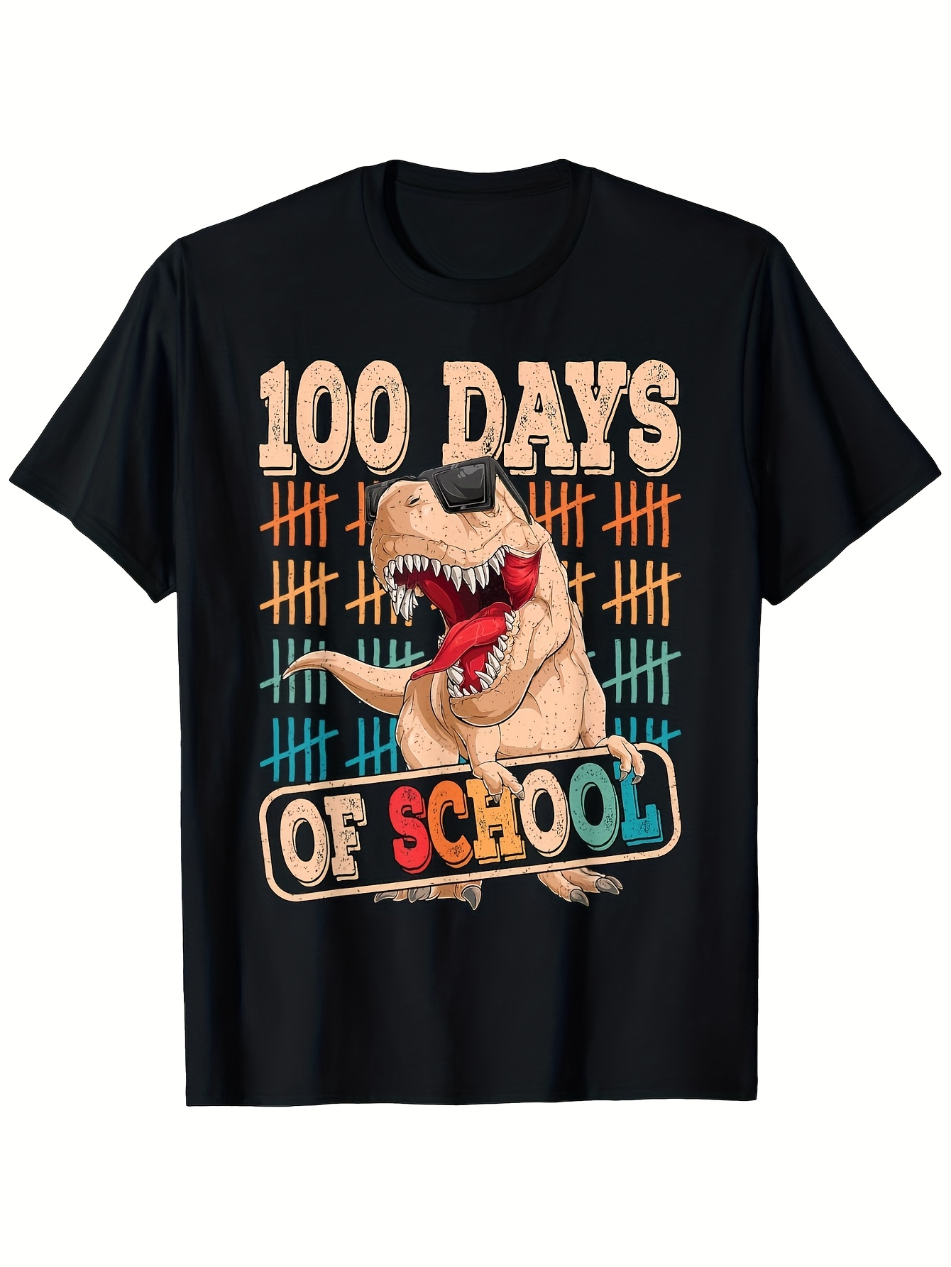 Men's Graphic T-Shirt One Hundred Days With Colorful Tally Marks And Roaring Dinosaur