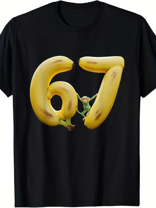 Men's Graphic T-Shirt Yellow Ripe Banana Numbers With Small Cheerful Monkey