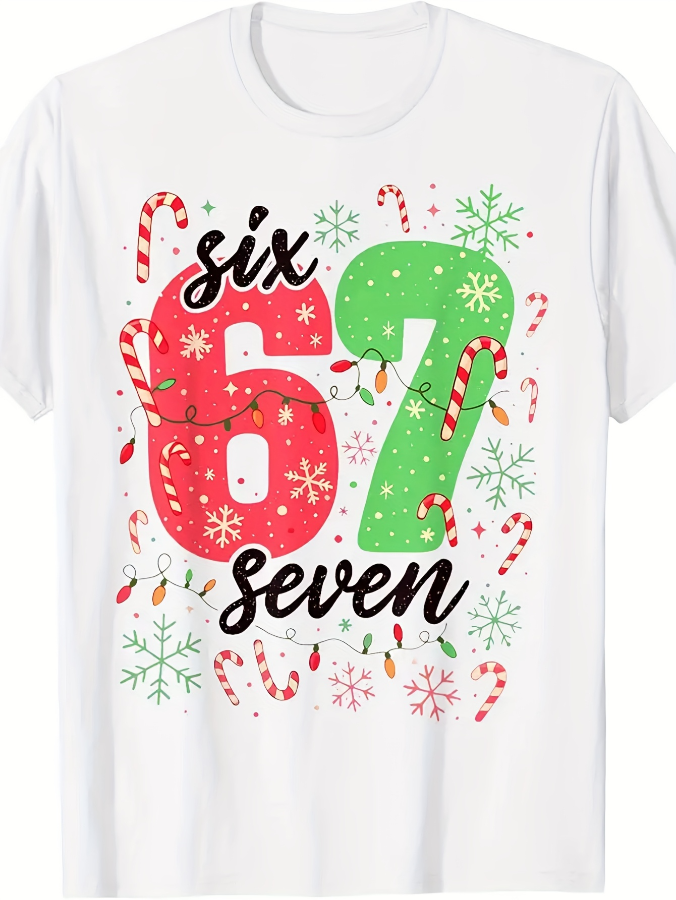 Men's Graphic T-Shirt Six Seven Candy Canes With Christmas Lights Surrounded By Snowflakes Number