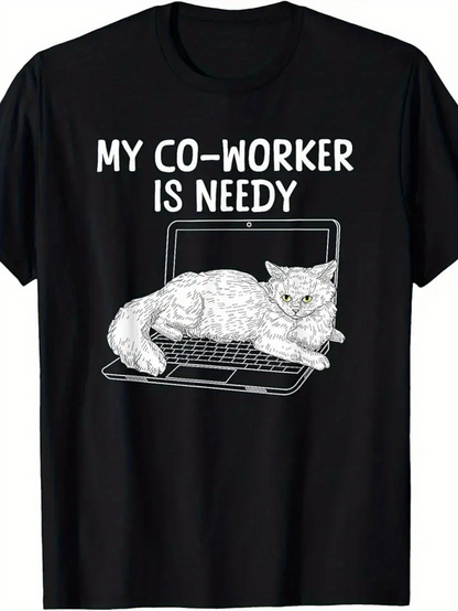 Men's Graphic T-Shirt My Coworker Is Needy Fluffy Cat Lounging On Open Laptop