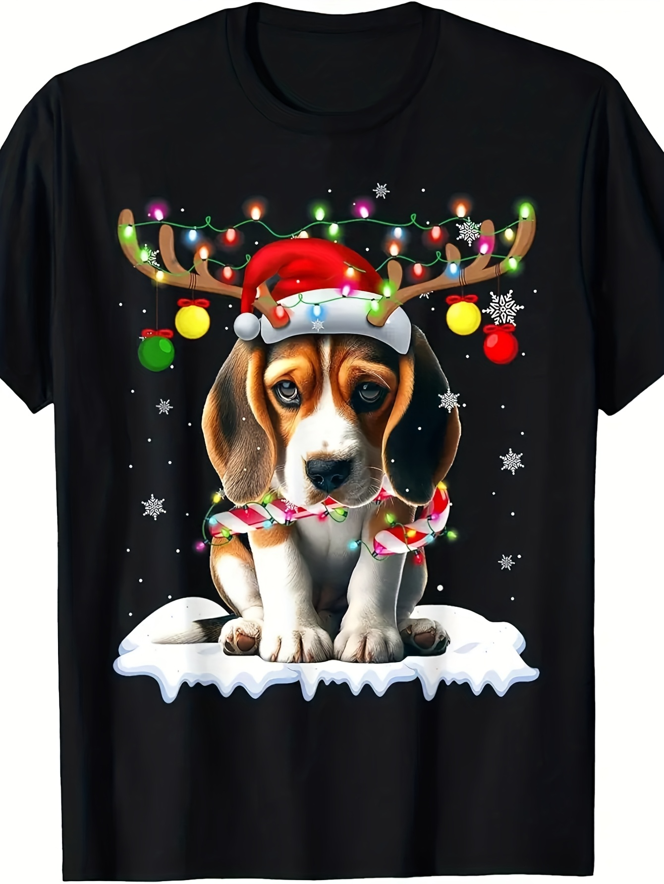 Men's Graphic T-Shirt Festive Holiday Snow With Reindeer Antlers Santa Hat Lights Beagle Dog