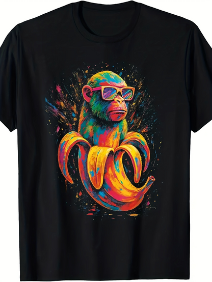 Men's Graphic T-Shirt Colorful Sunglasses Wearing Monkey Inside Vibrant Yellow Banana