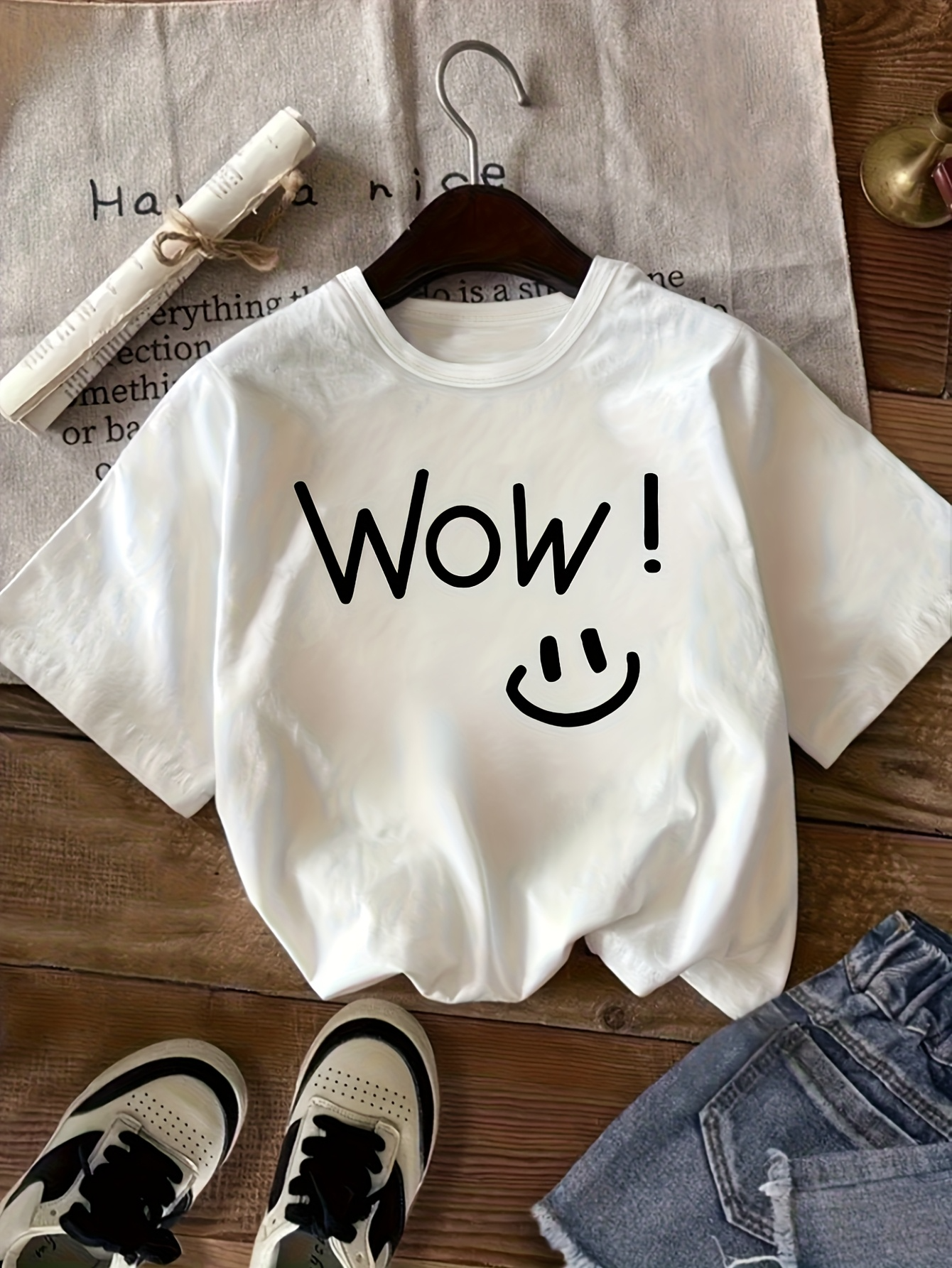 Men's Graphic T-Shirt Wow Playful Handwritten Style Black Smiley Face On White Cotton T Shirt