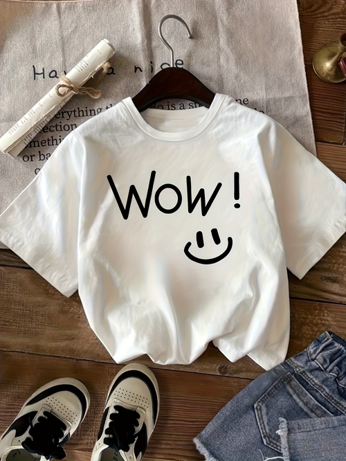Men's Graphic T-Shirt Wow Playful Handwritten Style Black Smiley Face On White Cotton T Shirt