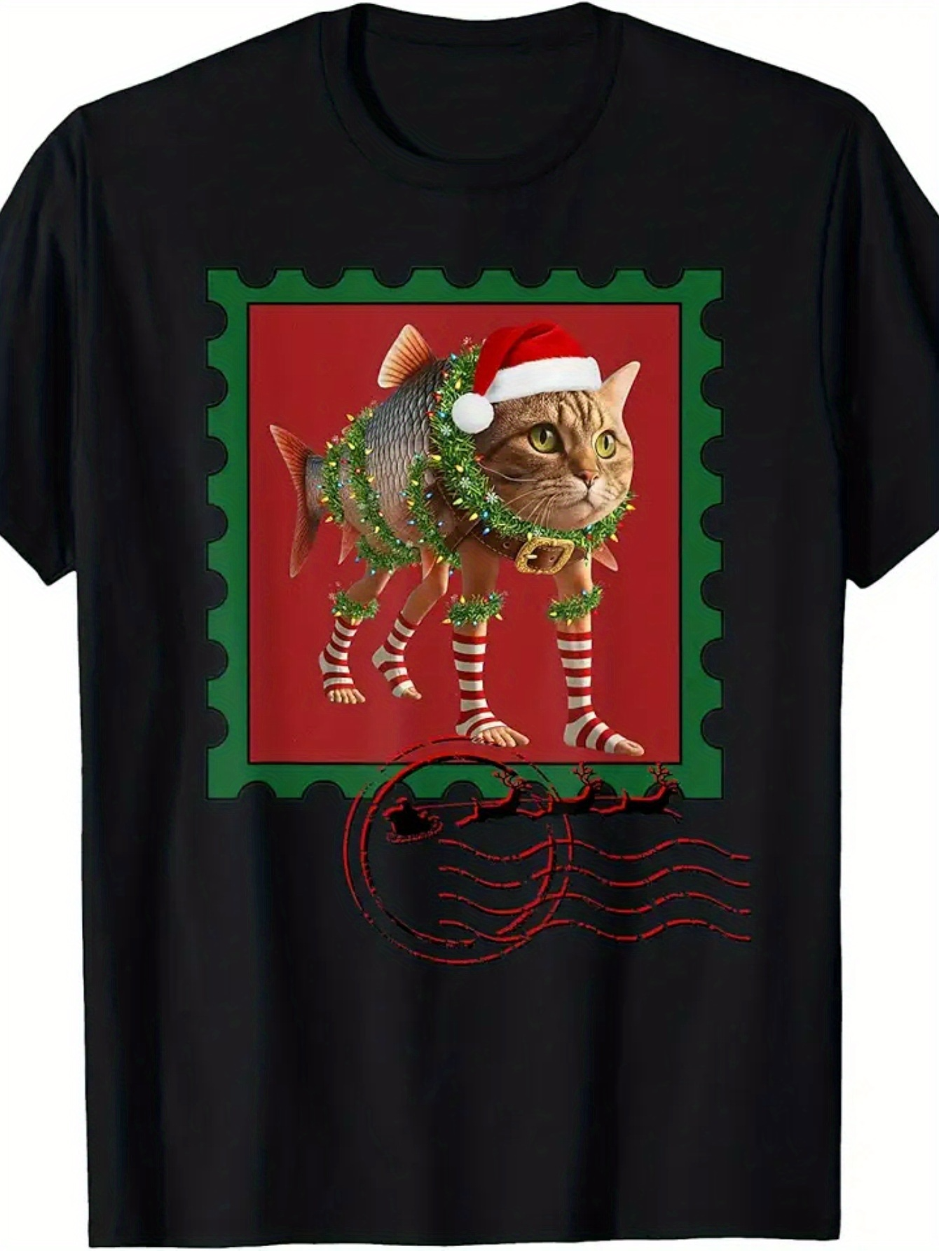 Men's Graphic T-Shirt Festive Holiday Cat With Santa Hat And Wreath Surrounded By Red Christmas Postage Stamp