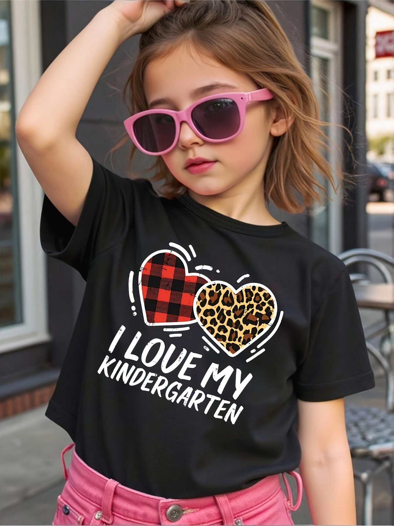 Men's Graphic T-Shirt I Love My Kindergarten With Plaid And Leopard Print Hearts Shirt