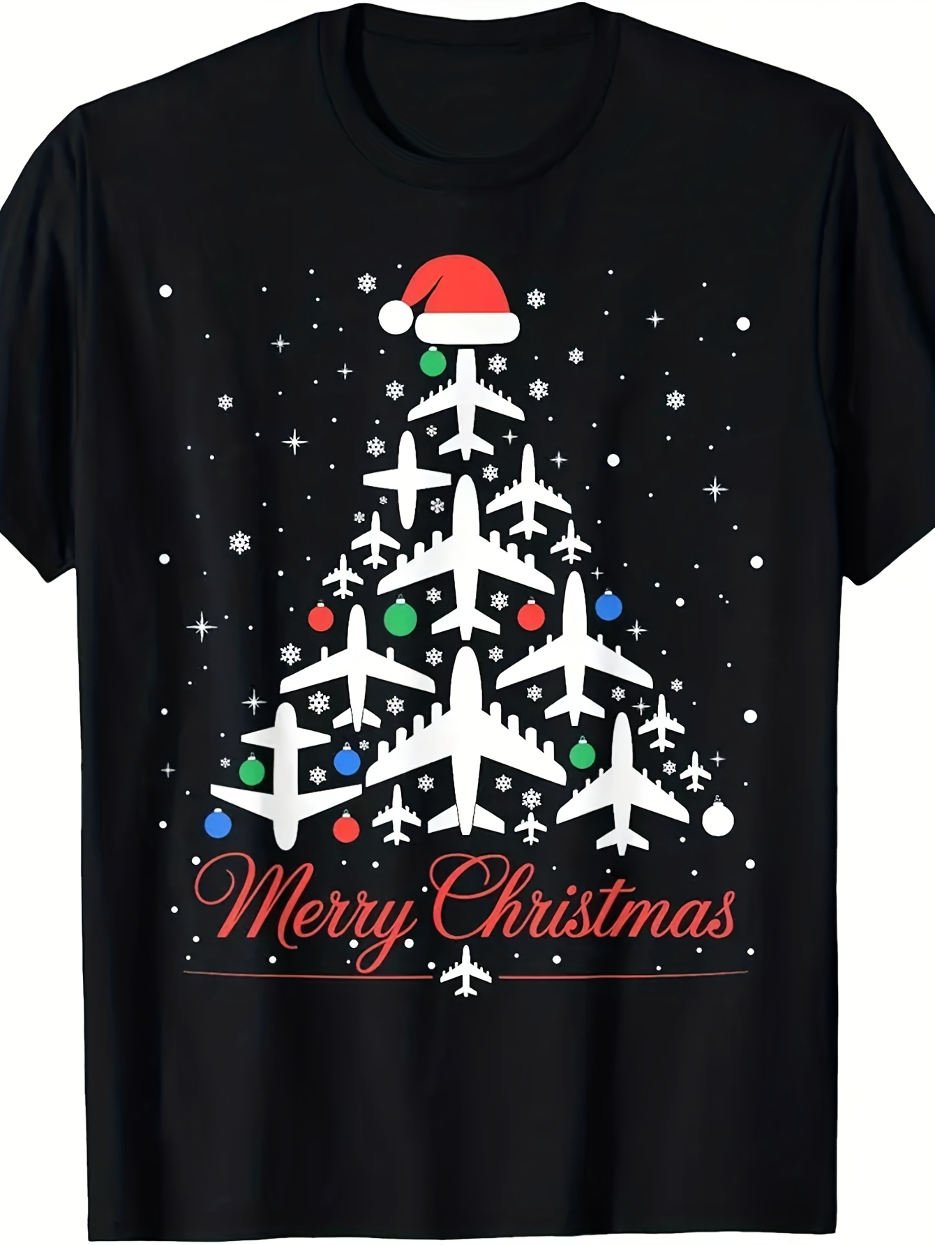 Men's Graphic T-Shirt Merry Christmas Santa Hat With Airplanes Forming Christmas Tree