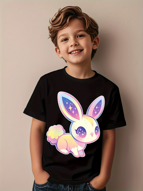 Men's Graphic T-Shirt Pastel Galaxy Patterned Bunny With Starry Eyes On Black Shirt Rabbit