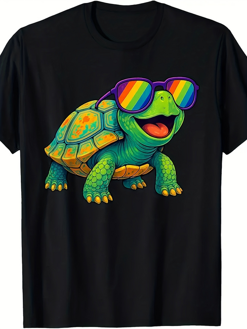 Men's Graphic T-Shirt Happy Cartoon Turtle Wearing Rainbow Color Sunglasses On Black Shirt Turtle