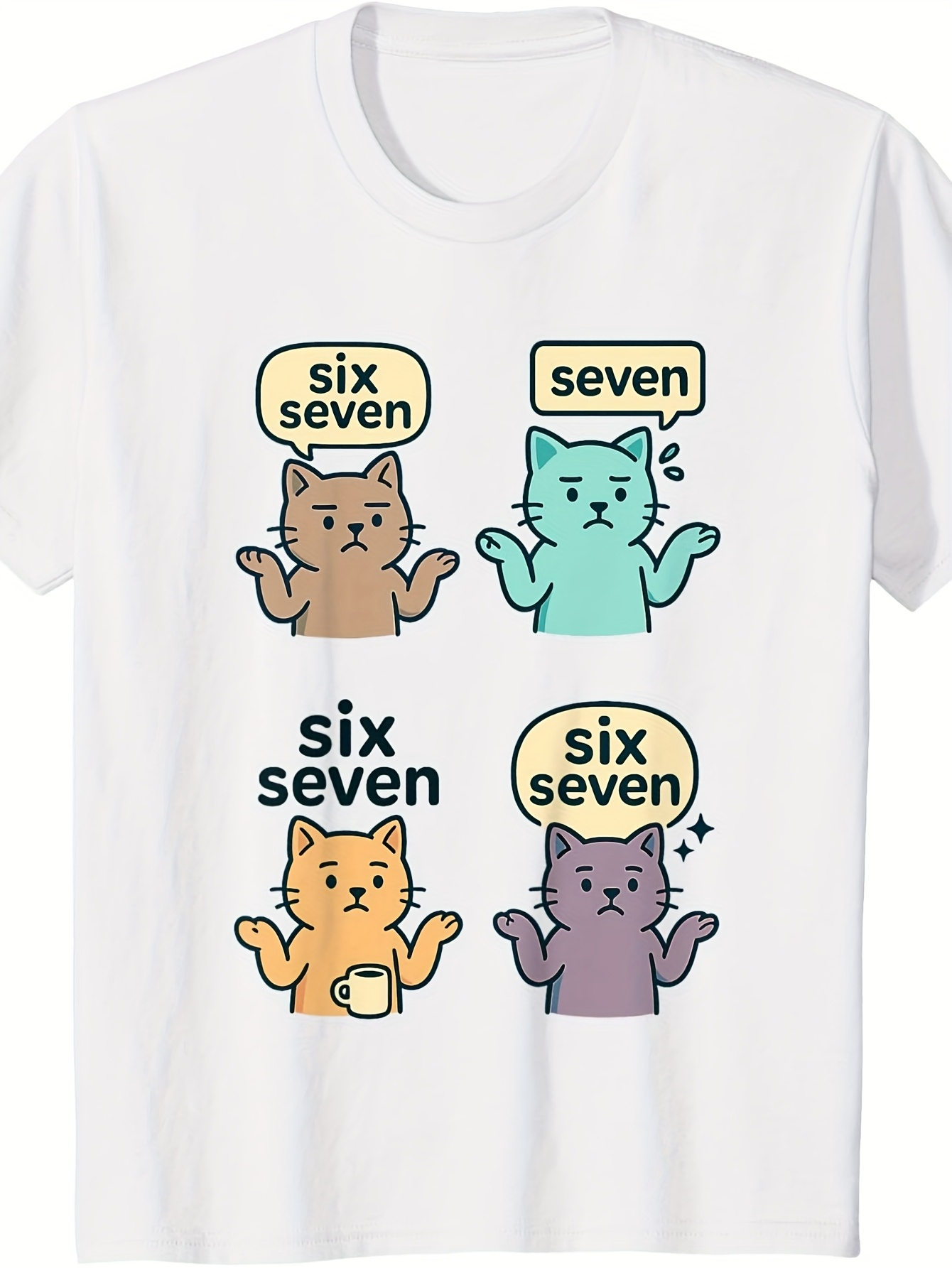 Men's Graphic T-Shirt Six Seven Cartoon Cats With Raised Paws On White Shirt