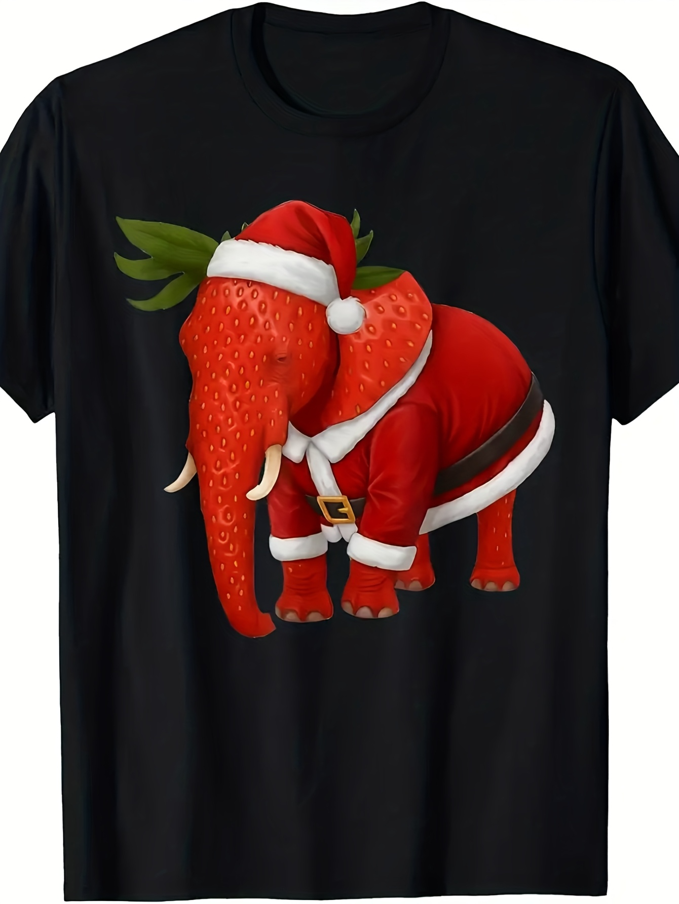 Men's Graphic T-Shirt Red Christmas Costume With Cute Green Leaves Elephant