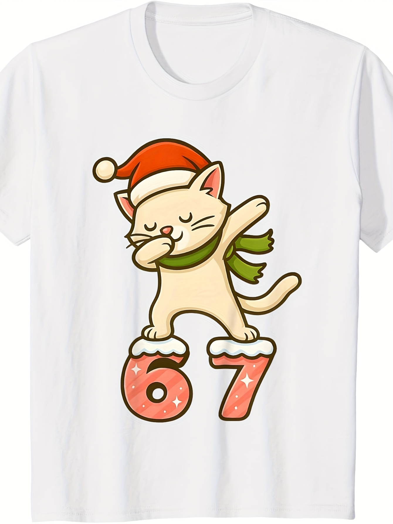 Men's Graphic T-Shirt Festive Cat In Santa Hat With Holiday Dabbing Pose Over Playful Numbers