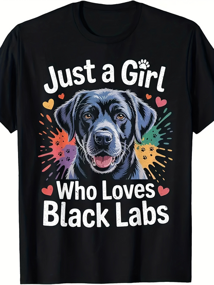 Men's Graphic T-Shirt Just A Girl With Hearts Colorful Paw Prints And Smiling Black Labrador Dog