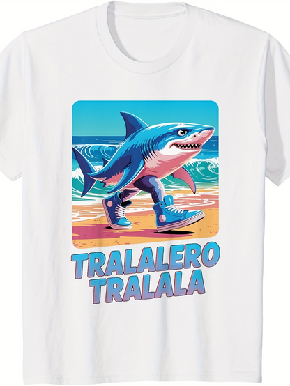 Men's Graphic T-Shirt Tralalero Tralala Cartoon Shark Walking On Colorful Beach Sand