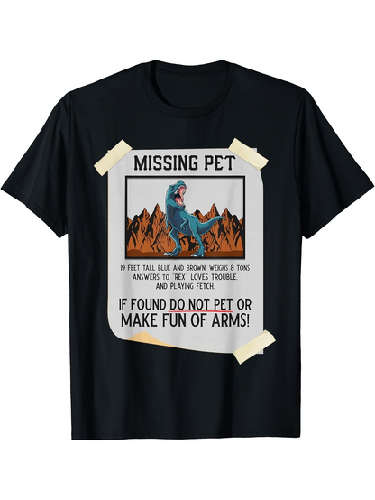 Men's Graphic T-Shirt Missing Pet Poster With Tape Cartoon Dinosaur Warning Over Rocky Mountains