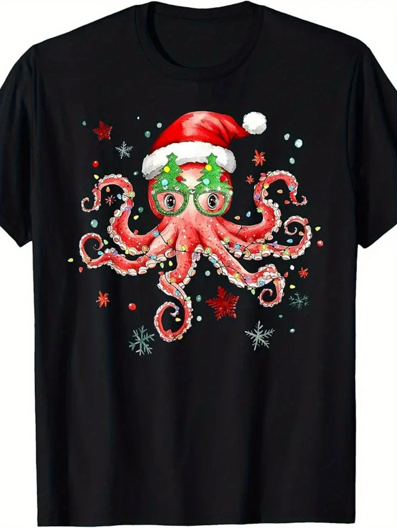 Men's Graphic T-Shirt Christmas Santa Hat With Stars Festive Holiday Octopus