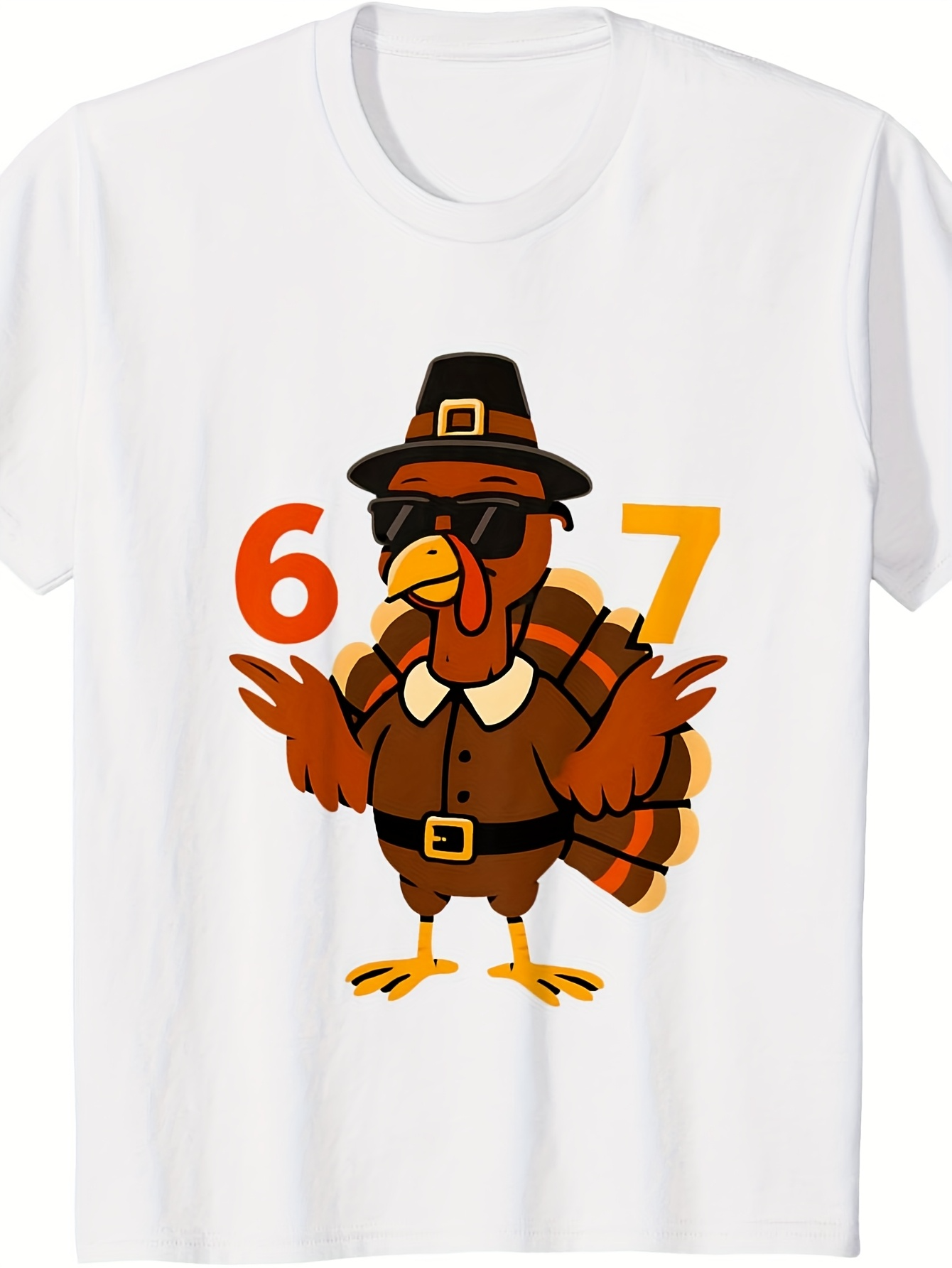 Men's Graphic T-Shirt Cool Pilgrim Turkey With Sunglasses Feathers Standing Between Orange Numbers