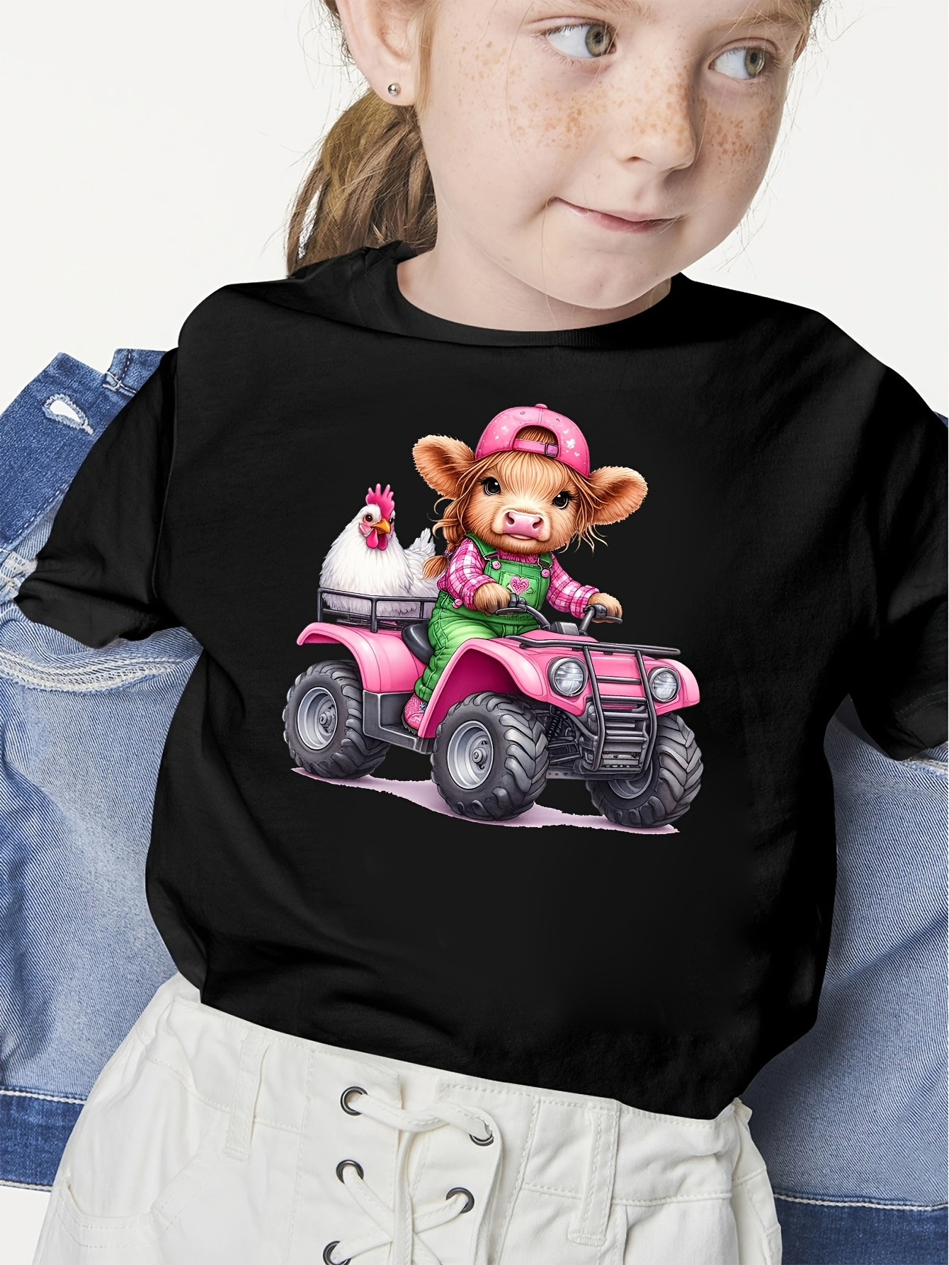 Men's Graphic T-Shirt Cute Farm Cow Wearing Pink Cap Riding Offroad Vehicle