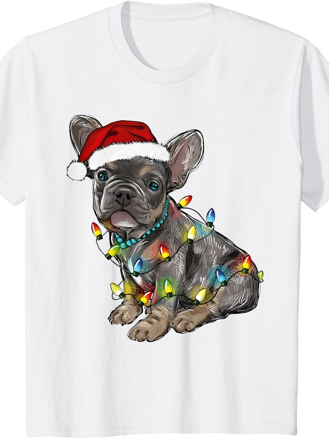 Men's Graphic T-Shirt Holiday Festive Lights With Santa Hat On French Bulldog