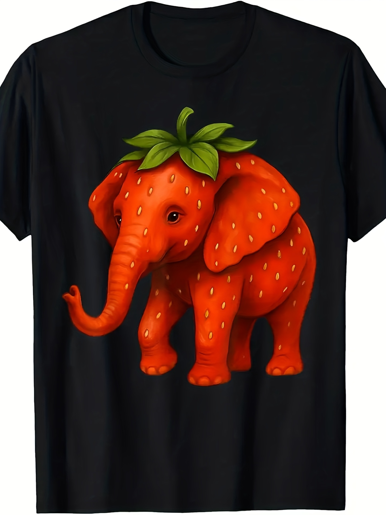 Men's Graphic T-Shirt Playful Elephant Shaped Like A Luscious Strawberry With Green Leaves Elephant