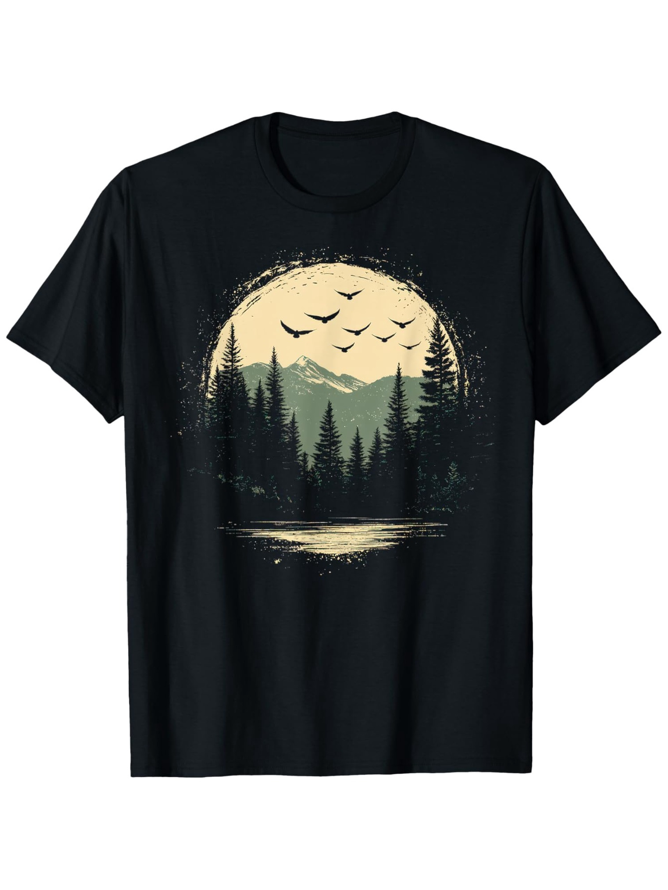 Men's Graphic T-Shirt Peaceful Wilderness With Flying Birds Over Pine Forest Lake