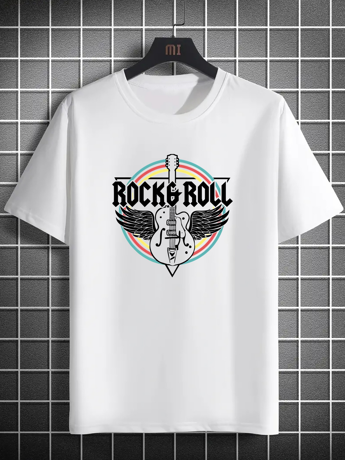 Men's Graphic T-Shirt Rock And Roll Guitar With Radiant Colorful Circular Wings