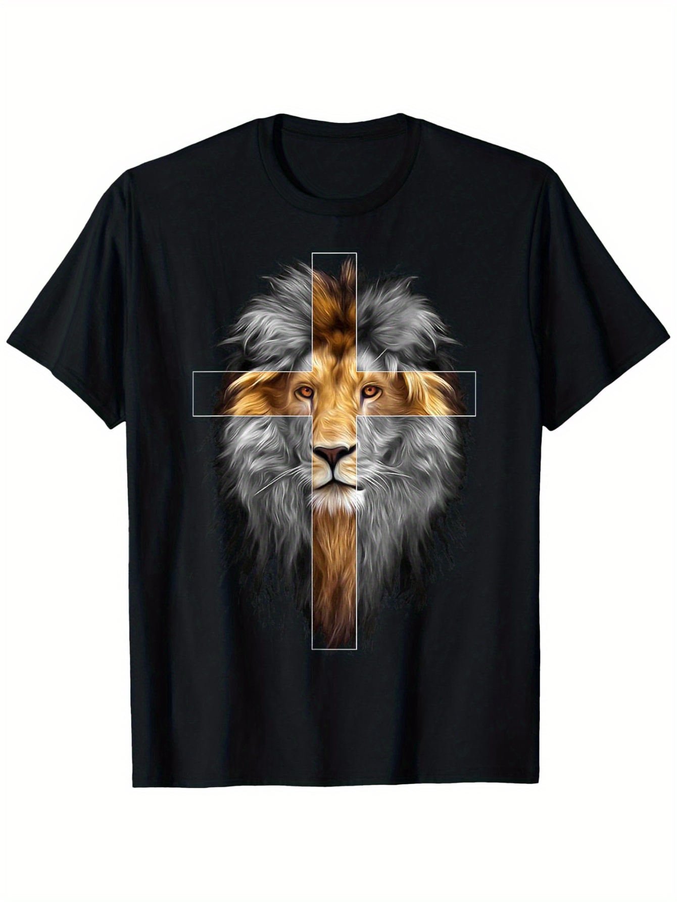 Men's Graphic T-Shirt Majestic Mane Of A Lion With Cross Framing The Fierce Noble Animal