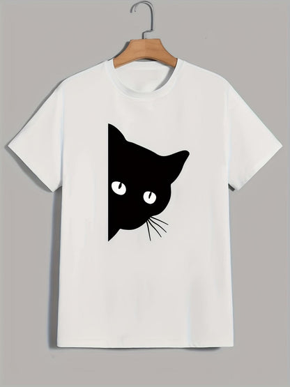Men's Graphic T-Shirt Playful Black Cat Peeking Out From White Shirt Corner Cat