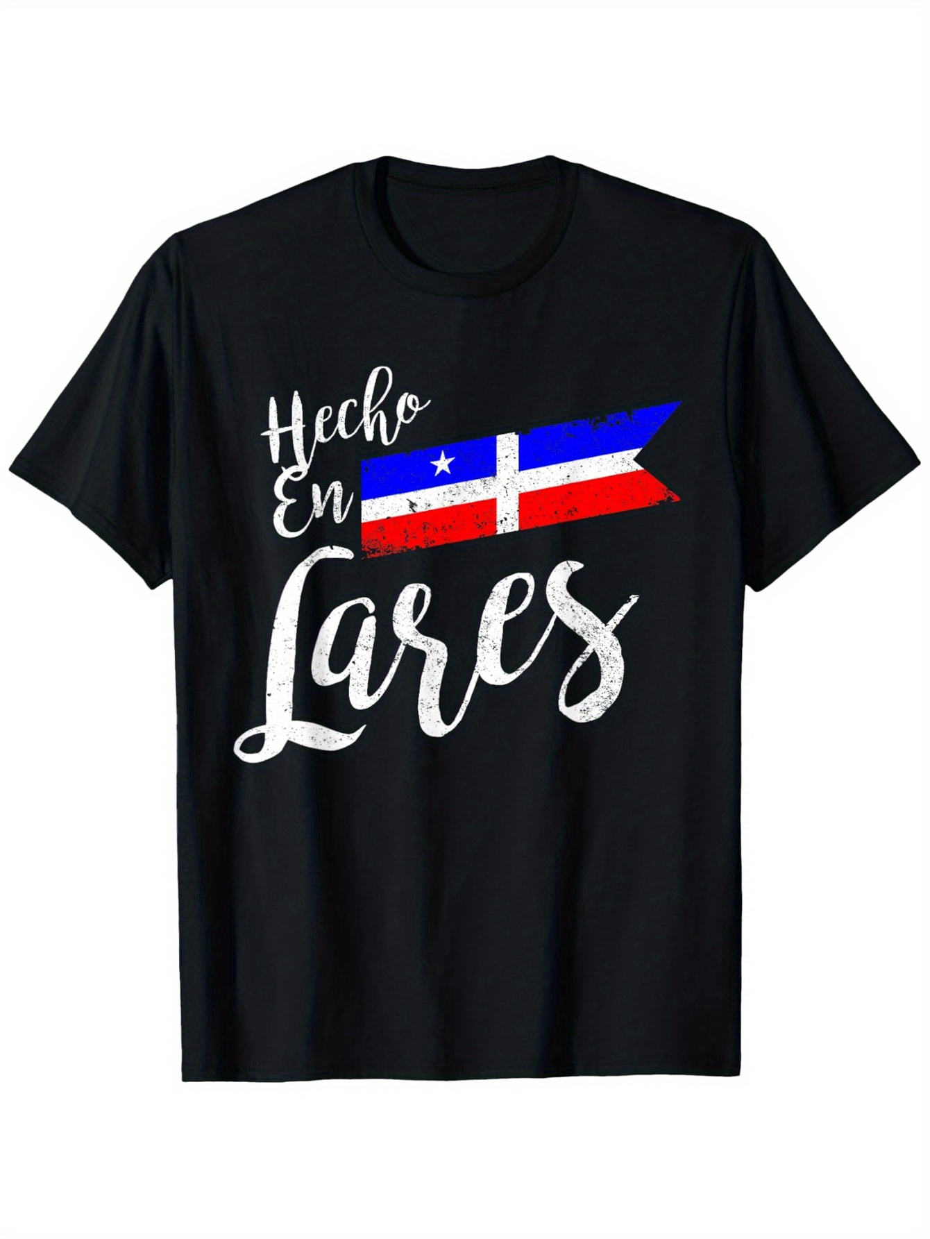 Men's Graphic T-Shirt Handwritten White Script With Colorful Flag Design Over Black Shirt
