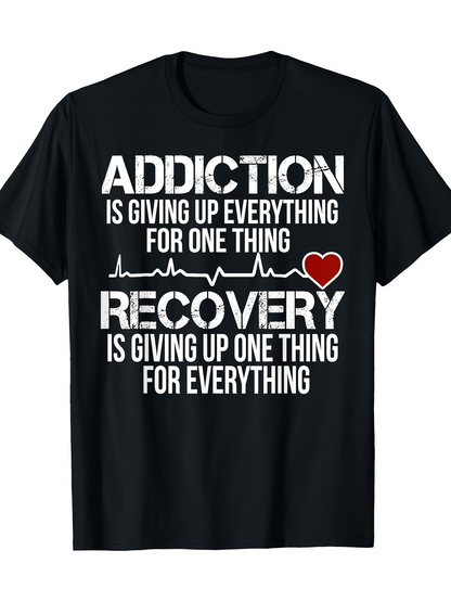 Men's Graphic T-Shirt Addiction Recovery Heartbeat Red Heart Clean Black Shirt