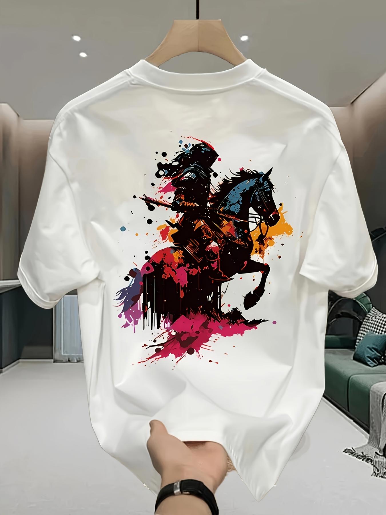 Men's Graphic T-Shirt Colorful Paint Splashes With Dynamic Heroic Rider On Horse