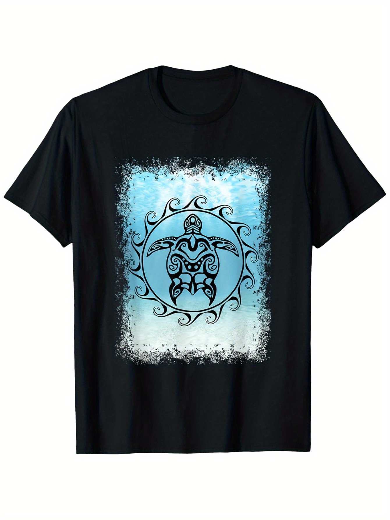 Men's Graphic T-Shirt Ocean Blue Tribal Motif With Patterned Circular Art Turtle