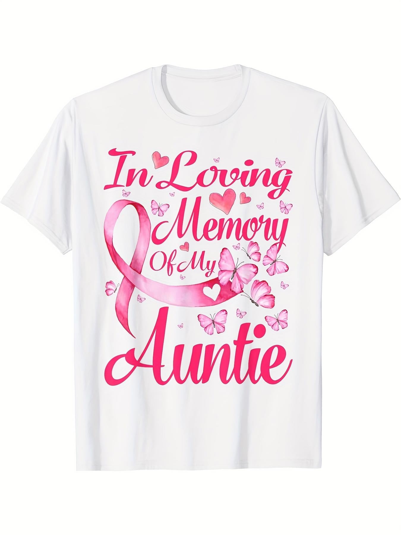 Women's Graphic T-Shirt In Loving Memory Of My Auntie Pink Ribbon With Butterflies And Hearts T Shirt