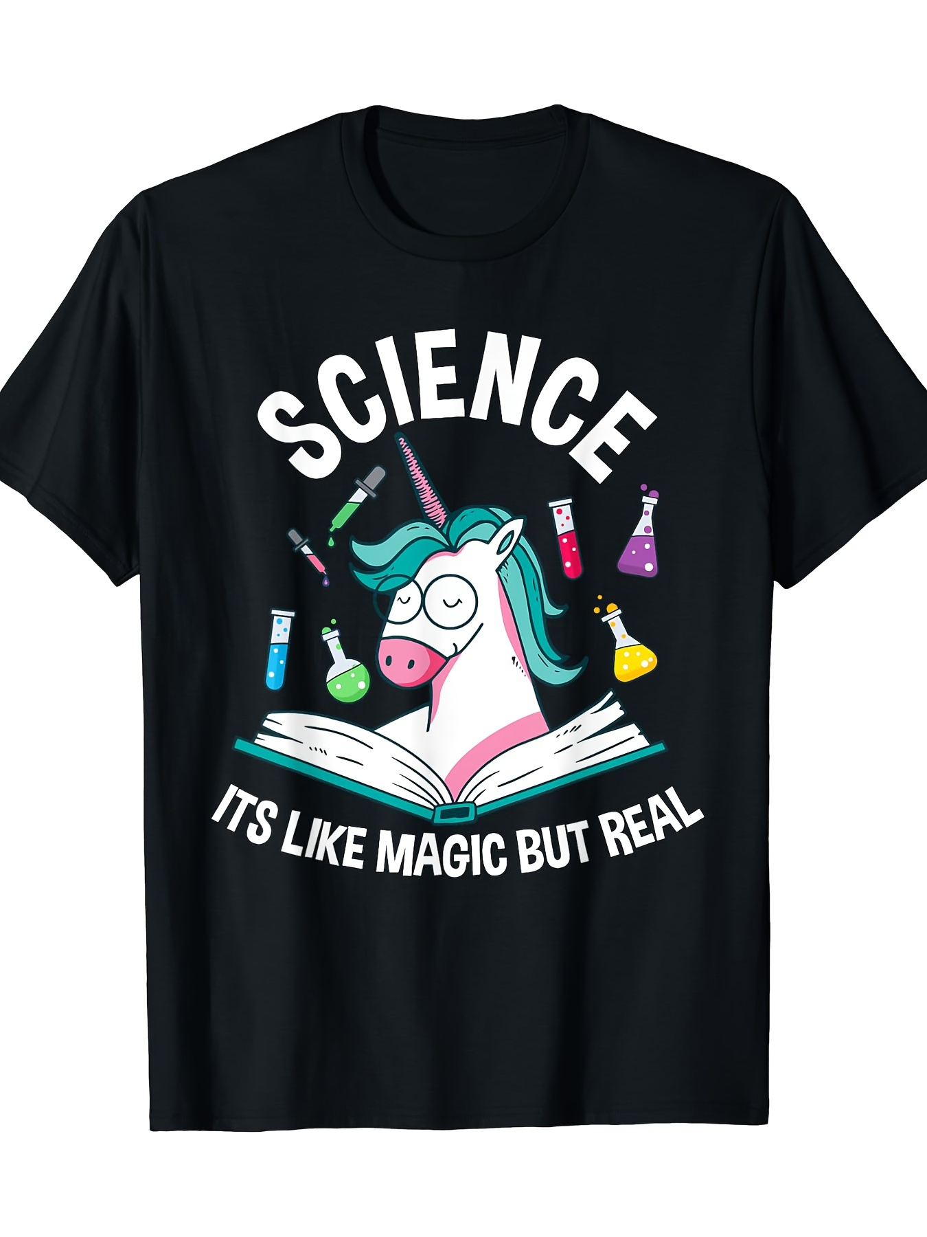 Men's Graphic T-Shirt Science Like Magic With Beakers And Open Book Unicorn